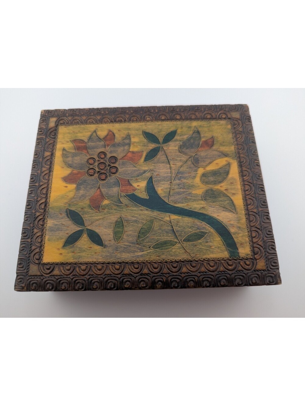 Vintage Handmade Carved Wood Floral  Flower Stained Trinket Box Folk Art